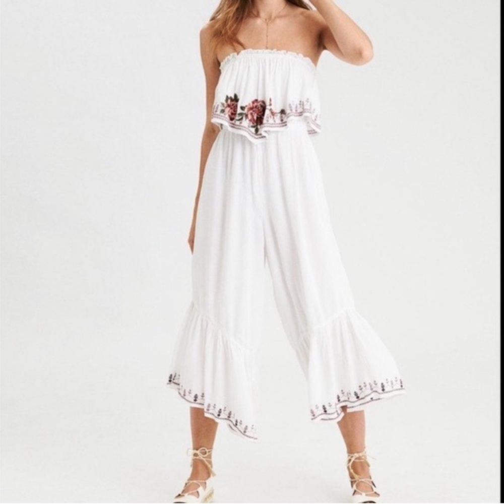 White Strapless Jumpsuit with Floral Accents